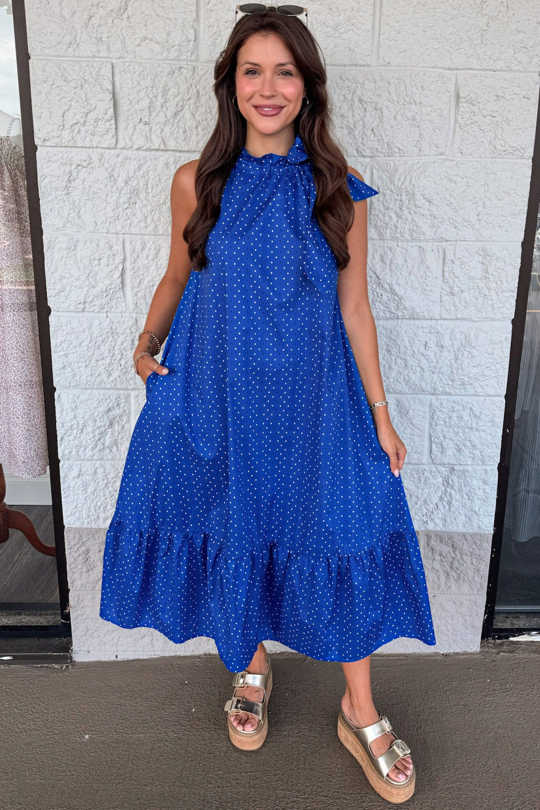 Royal Sleeveless Midi Dress With White And Navy Square Dots Large