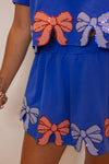 blue red gingham bow trim top