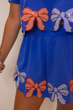 blue red gingham bow trim top