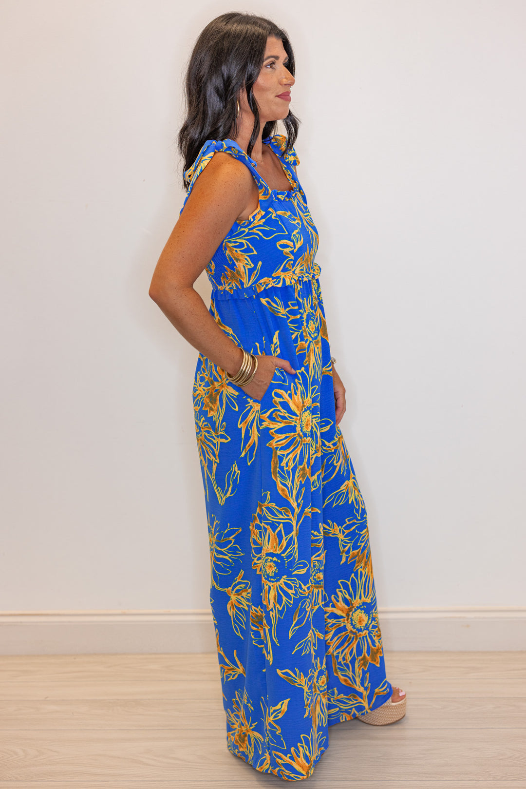 blue sunflower printed wide leg jumpsuit side