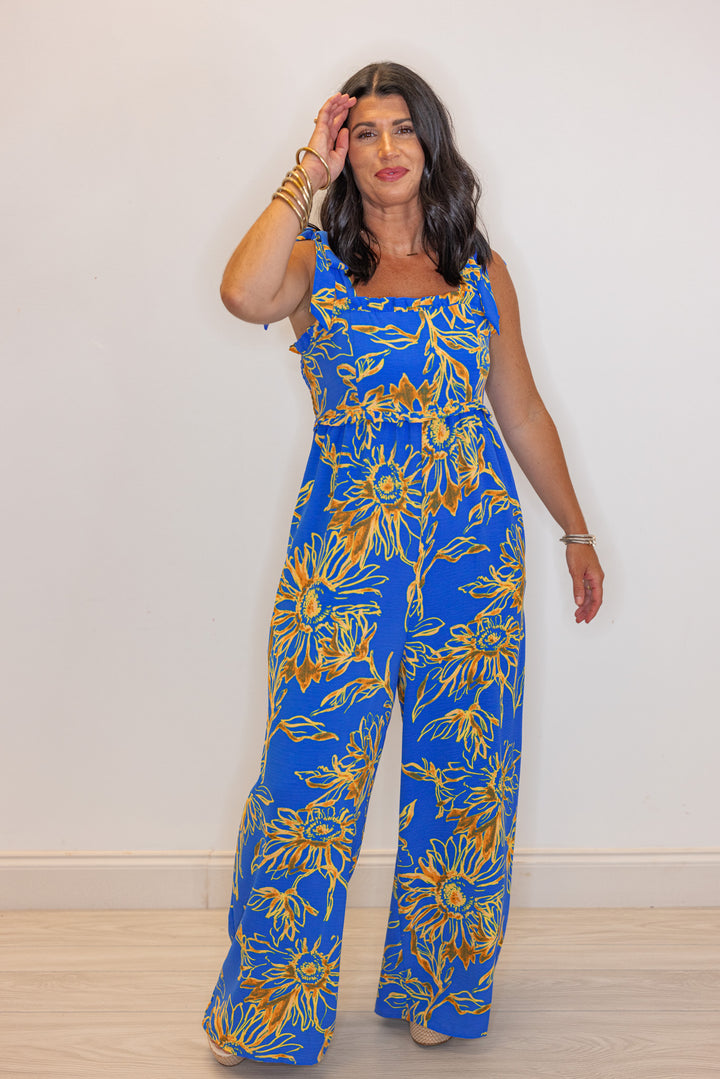 blue sunflower printed wide leg jumpsuit