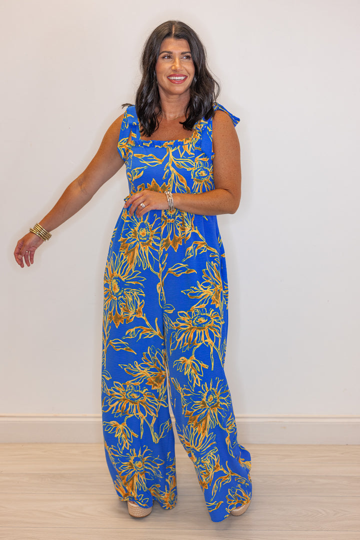 blue sun printed wide leg jumpsuit