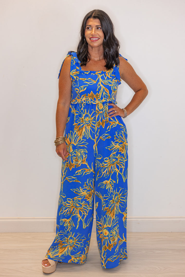 blue sunflower printed wide loose leg jumpsuit