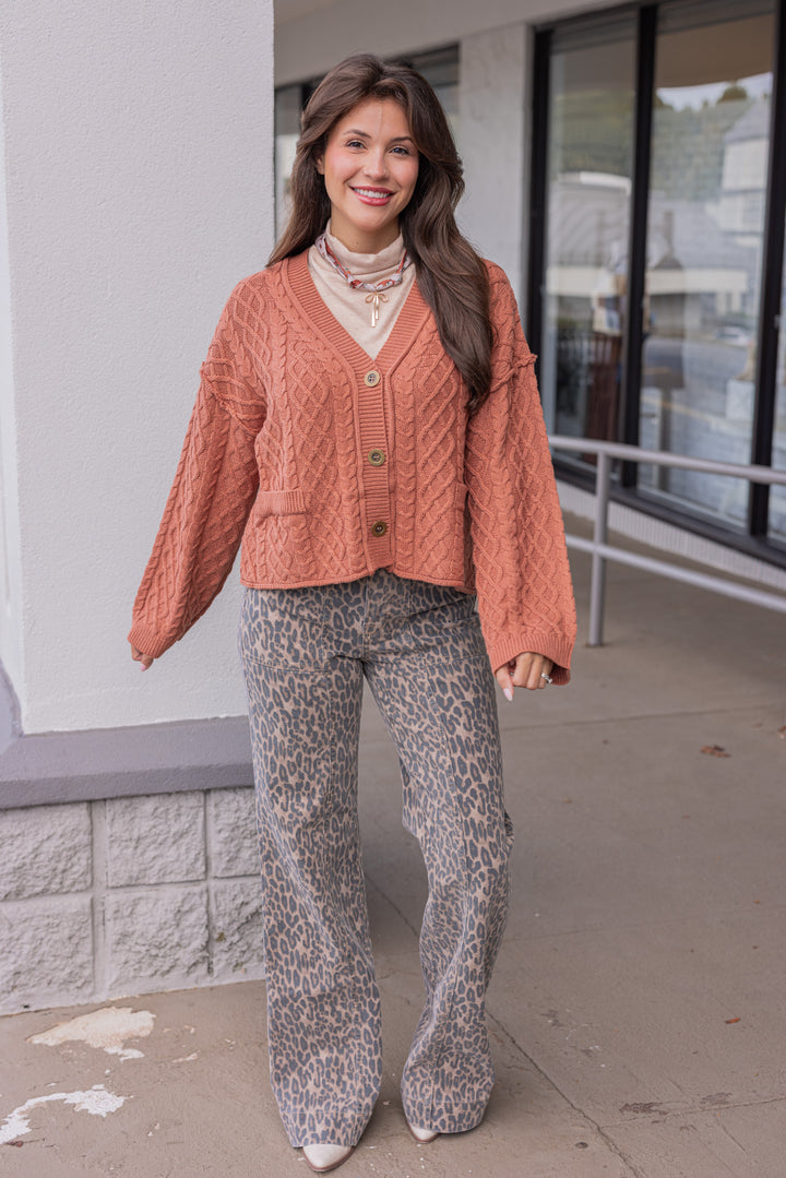 Women's terra cotta cable knit sweater cardigan by Entro showing full front view