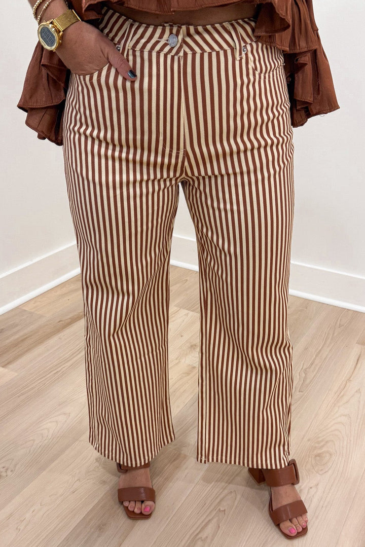 rust and cream striped high waisted wide leg lightweight twill pants with button zipper closure