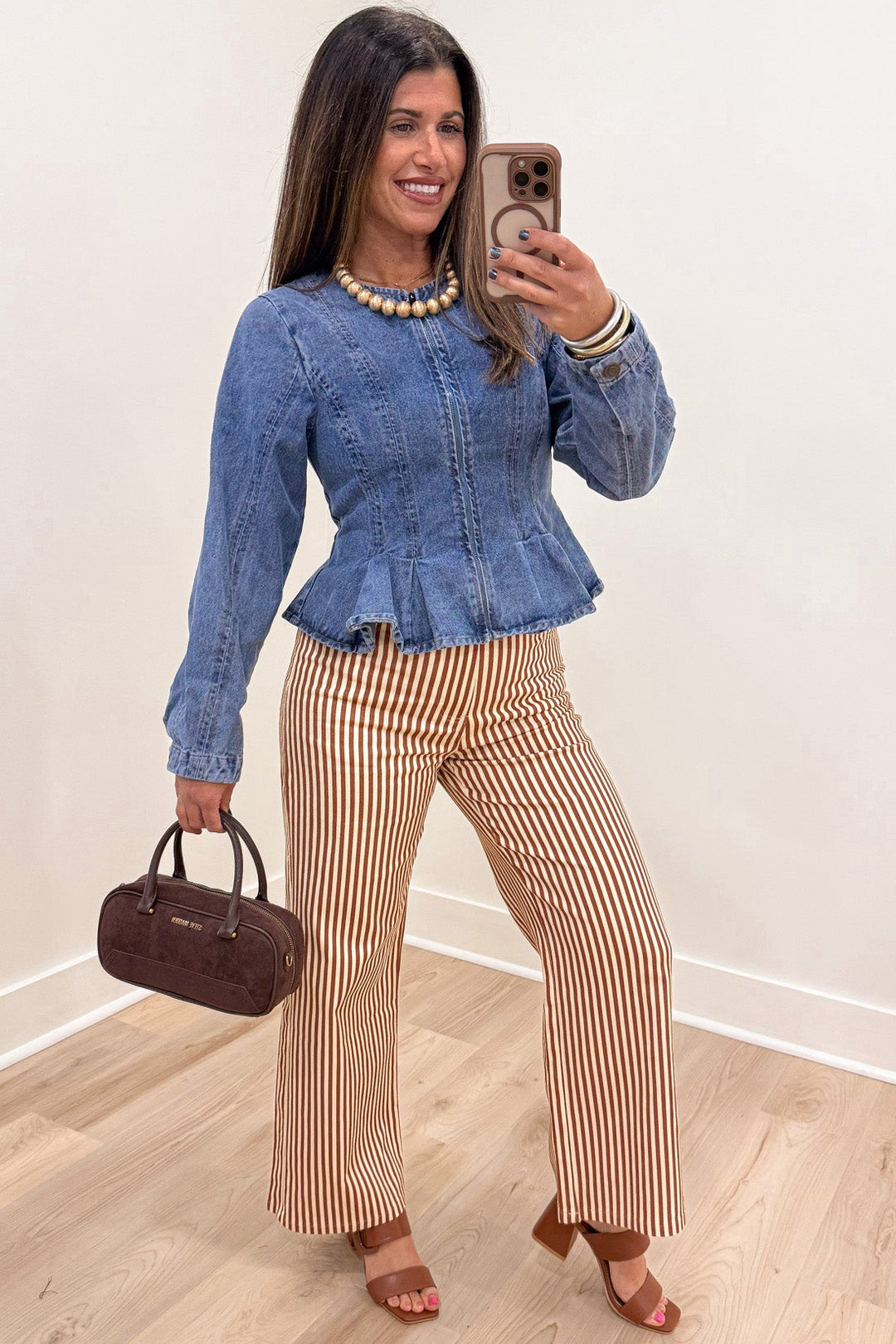 rust and cream striped high waisted wide leg lightweight twill fabric pants