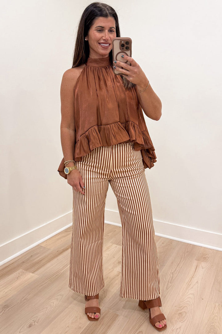 rust and cream striped high waisted wide leg lightweight twill pants