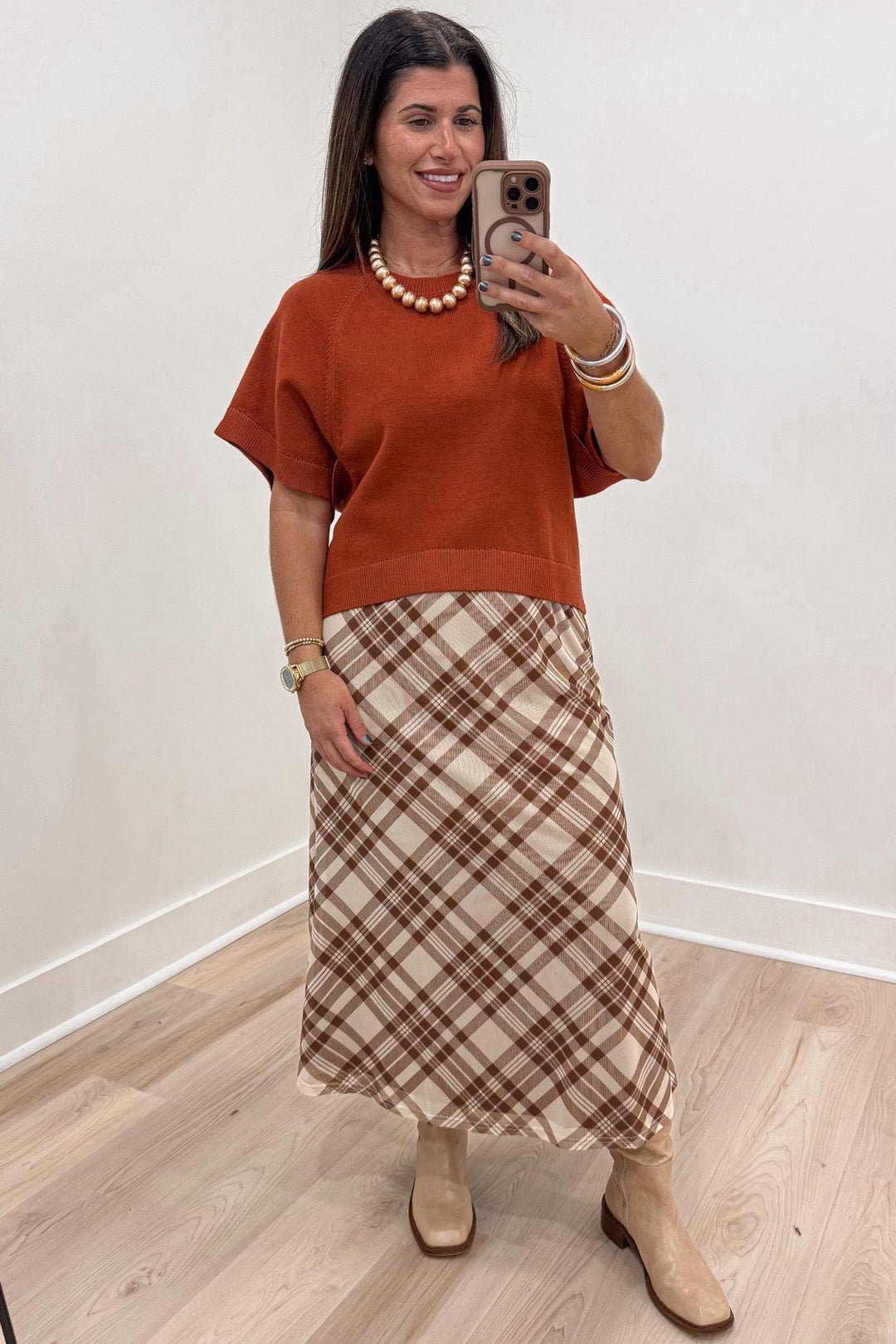 solid rust orange dolman sleeve crew neckline semi-cropped knit sweater top with ribbed trim