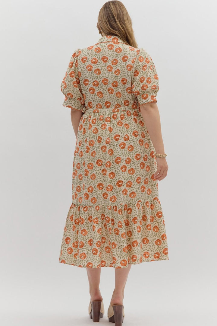 Women's plus size cream button front midi dress with rust floral print by Entro showing full back view