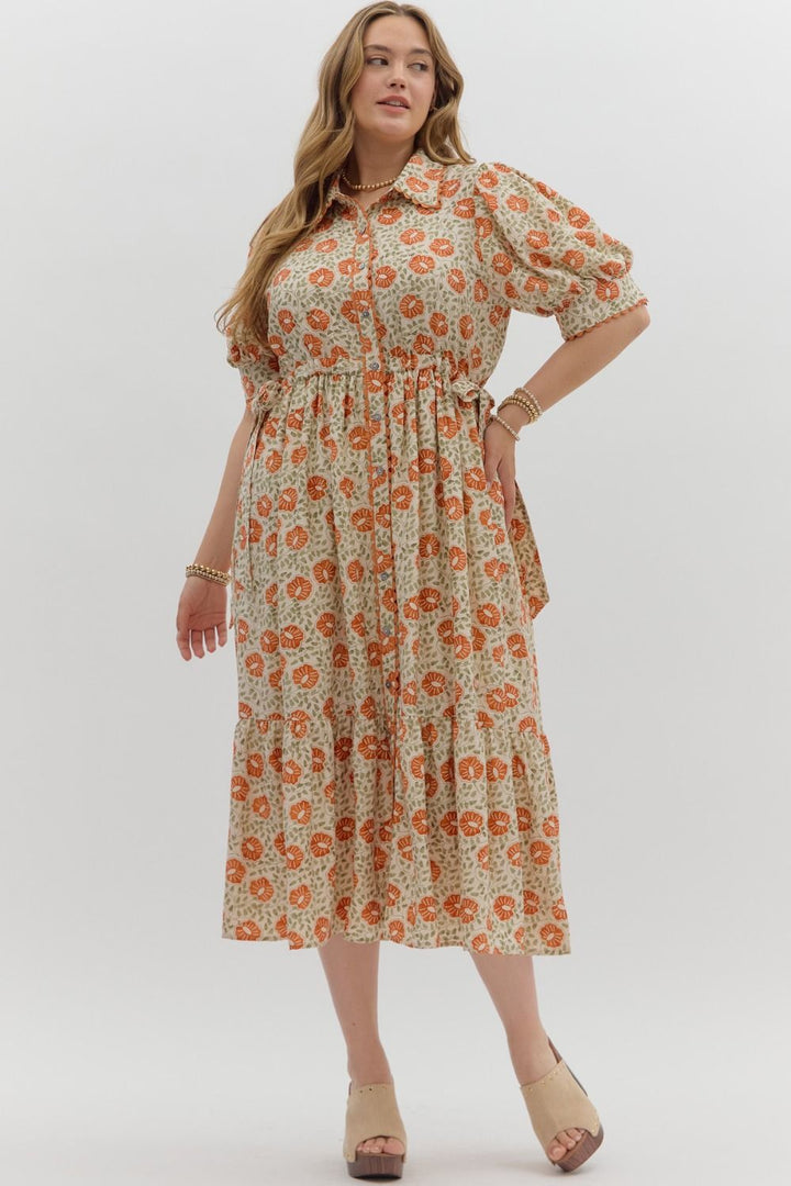 Women's plus size cream button front midi dress with rust floral print by Entro showing full front view