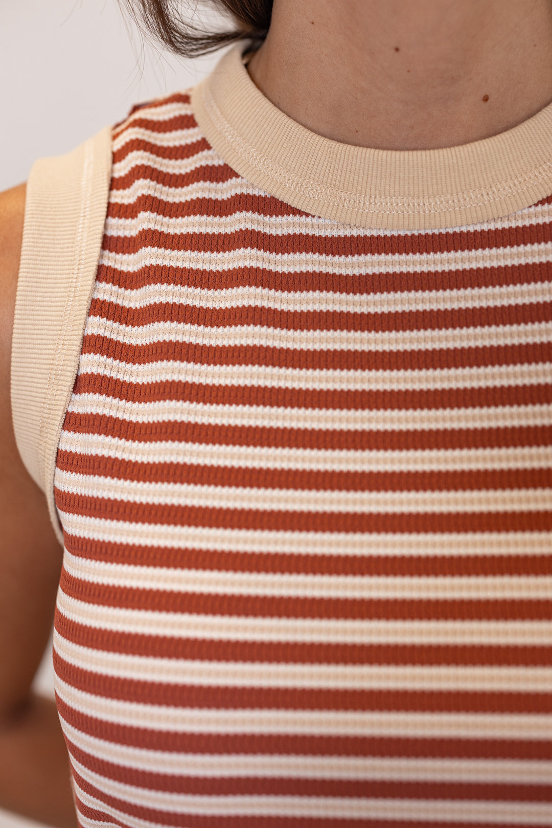 Women's textured knit rust and taupe striped midi skirt with matching top by Wishlist showing up close view of knit fabric