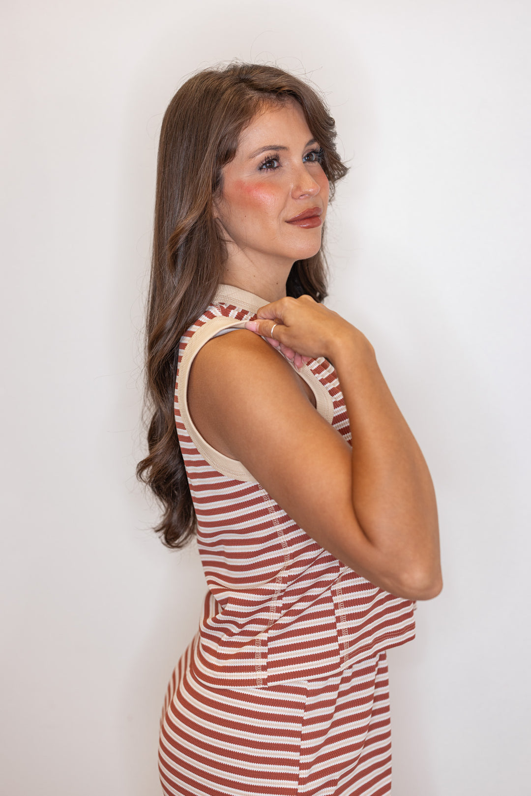 Women's textured knit rust and taupe striped midi skirt with matching top by Wishlist showing up close side view