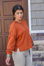rust waffle knit thermal casual top