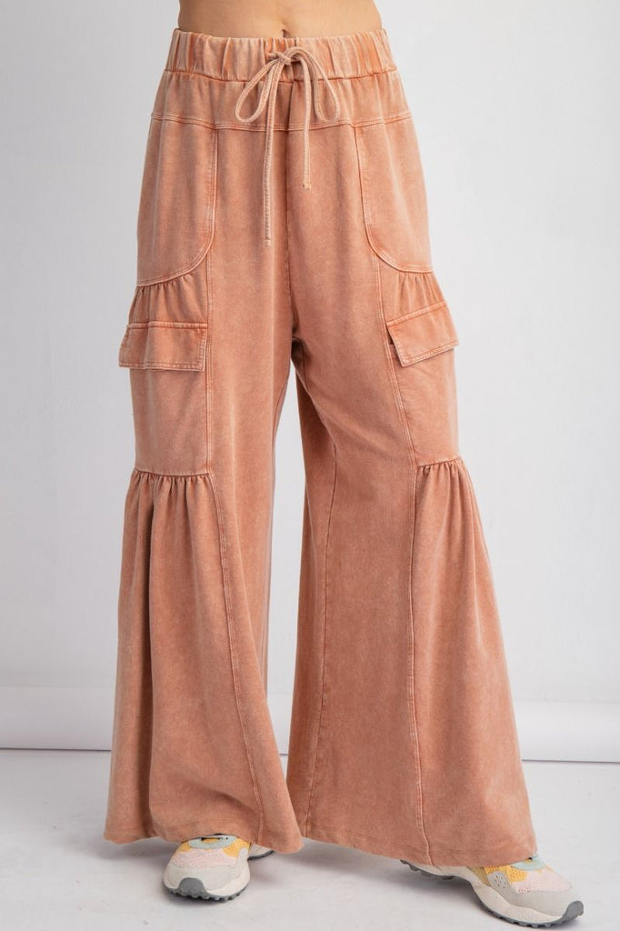 Washed Cinnamon Flared Cargo Terry Knit Pants | Purple Door
