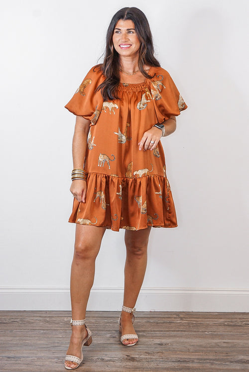 safari caramel satin animal print dress