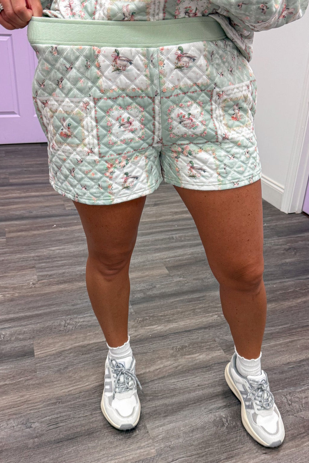 sage with mallard ducks and pink patch floral print quilted elastic waist loungewear shorts