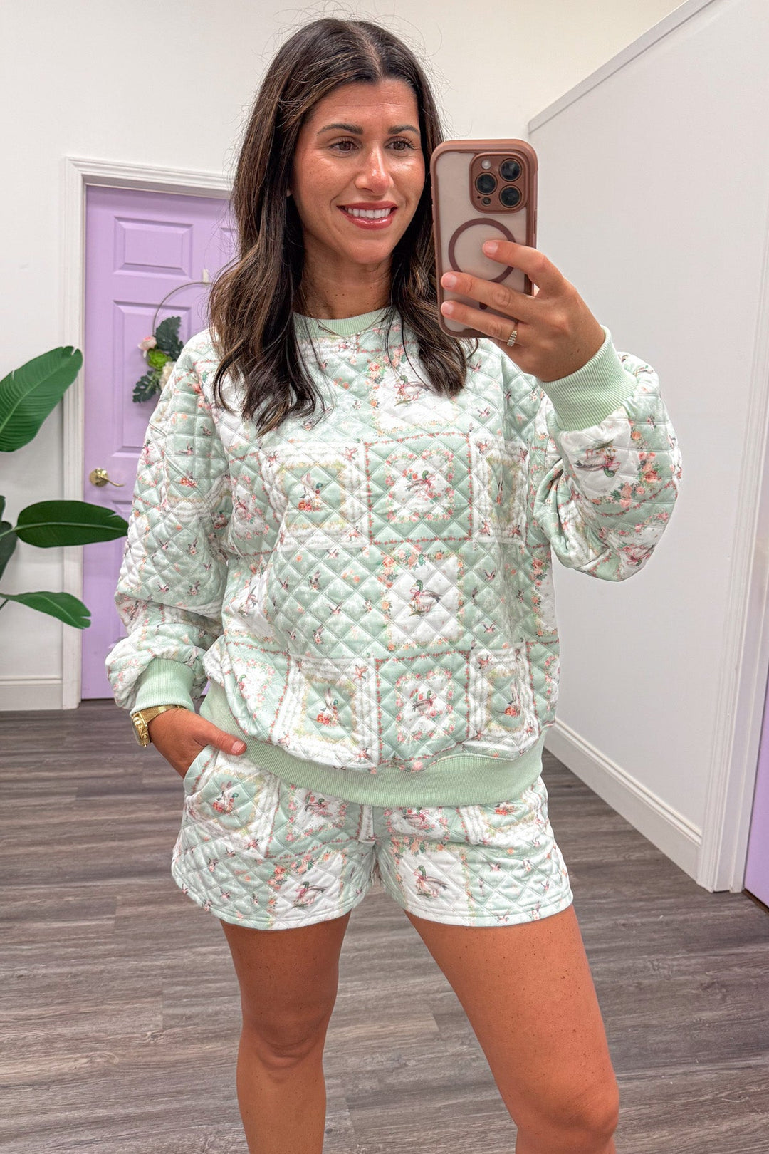 sage with mallard ducks and pink patch floral print quilted pullover top