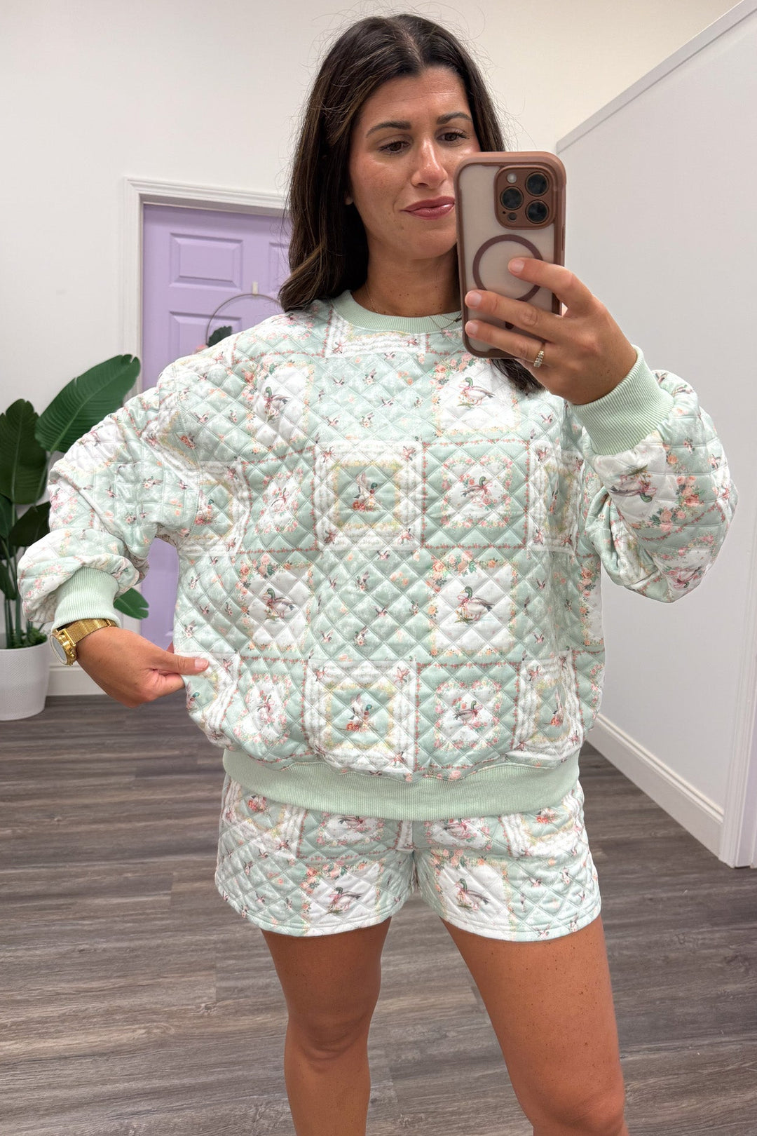 sage with mallard ducks and pink patch floral print relaxed silhouette quilted pullover top