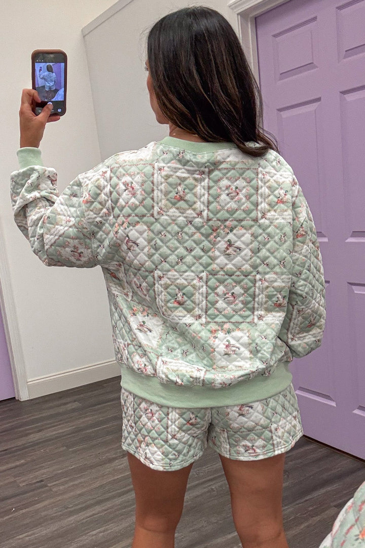 sage with mallard ducks and pink patch floral print quilted loungewear pullover top