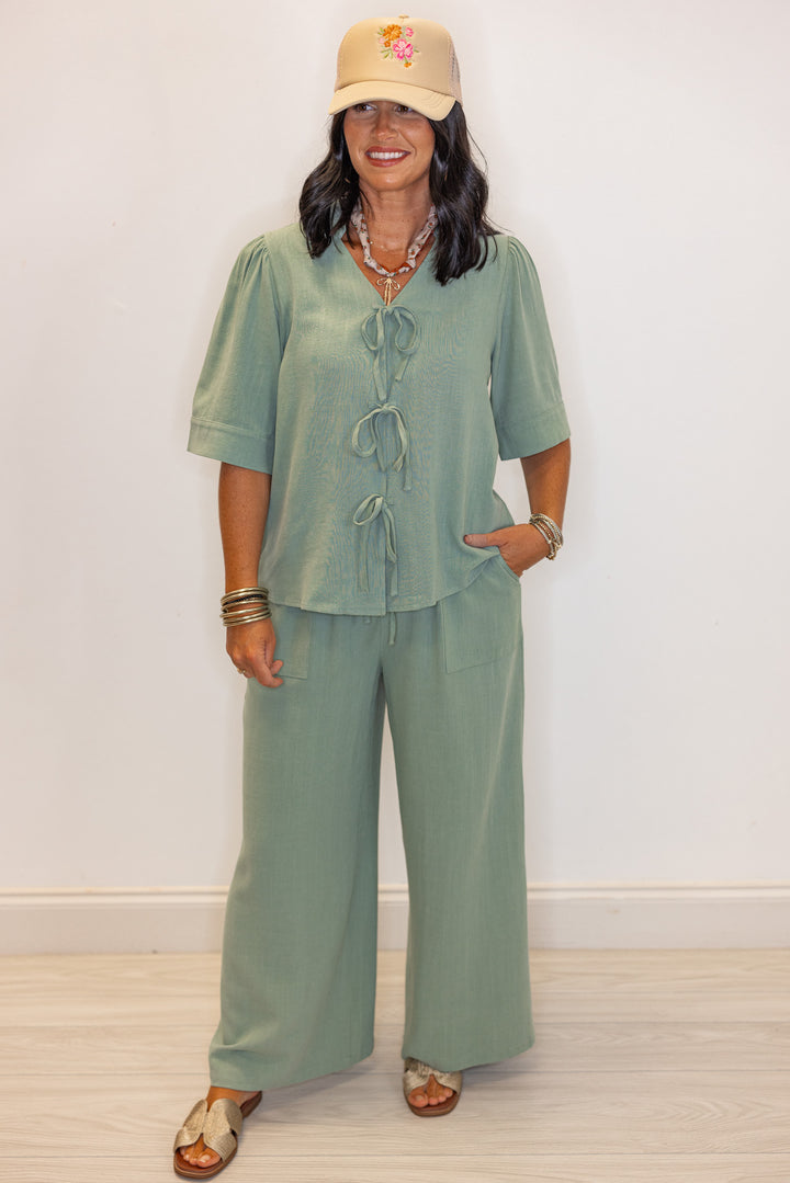 Women's sage green linen bow tie top and elastic waist wide leg pants set by Jodifl