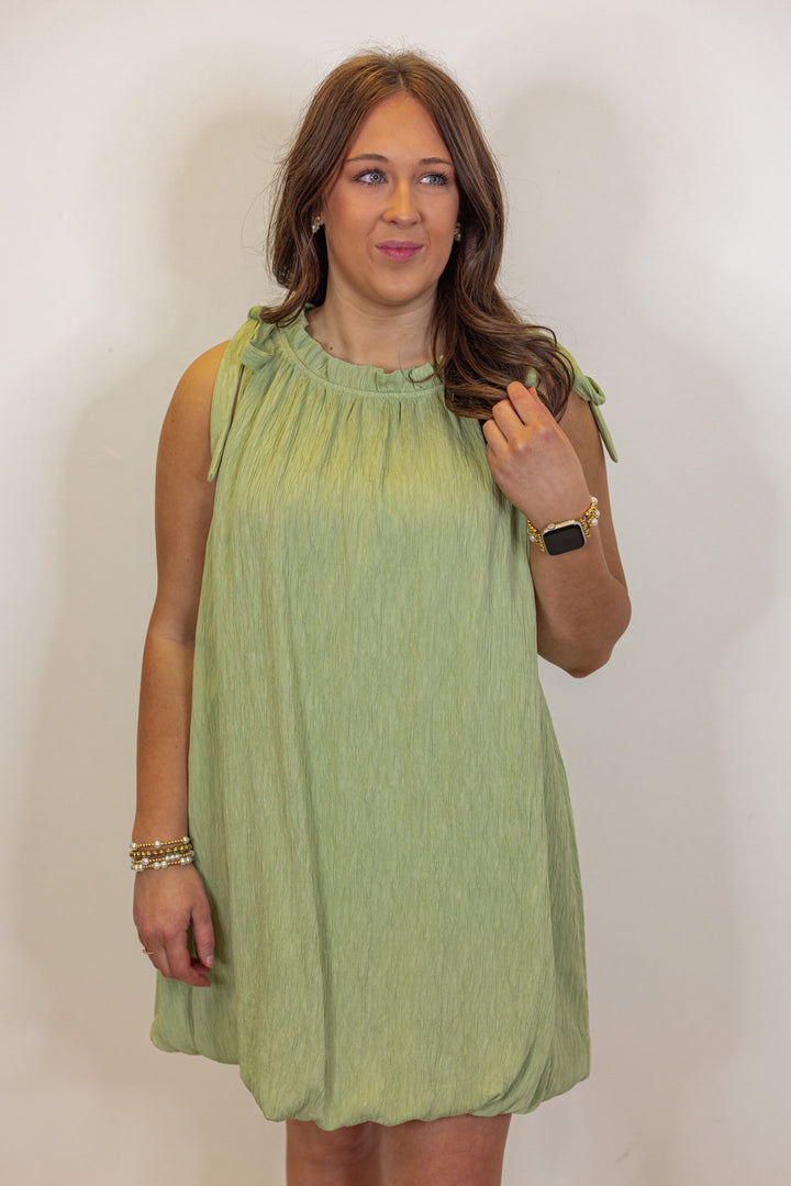 green textured bubble hem short dress
