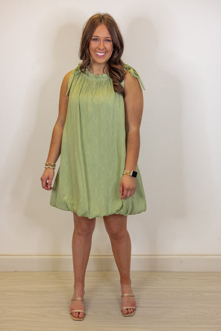 green textured bubble hem short dress