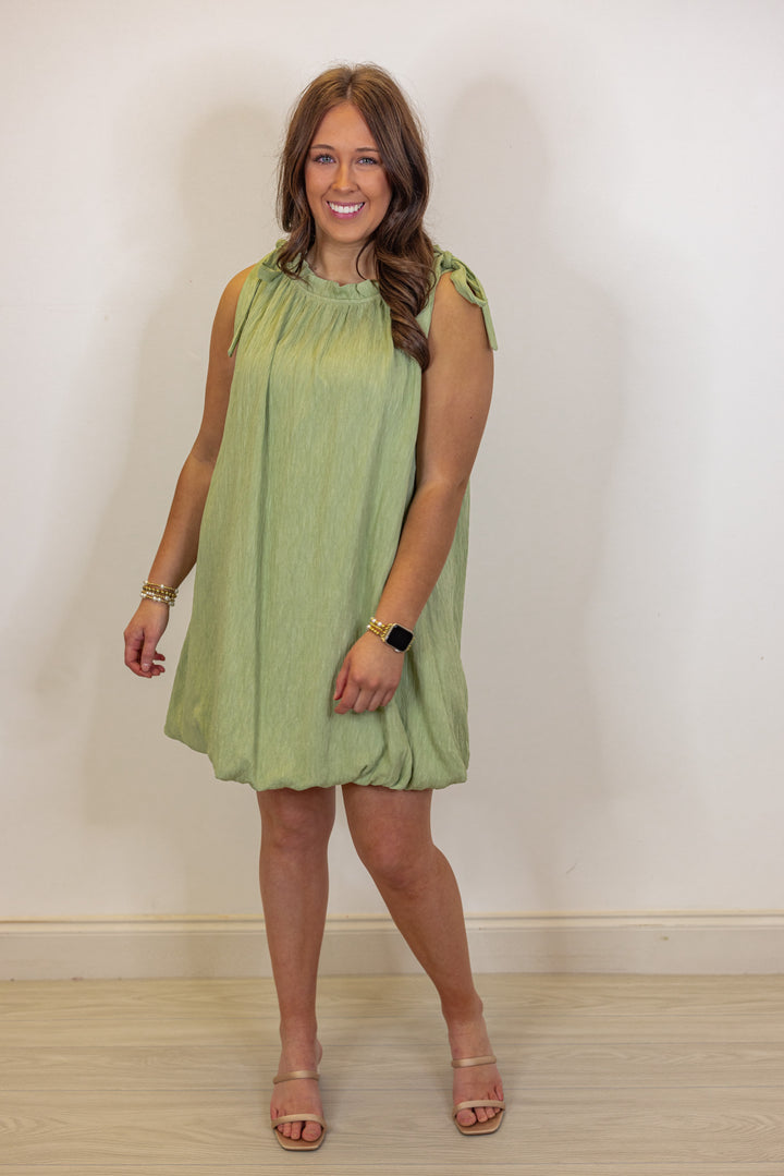 green textured bubble hem short dress