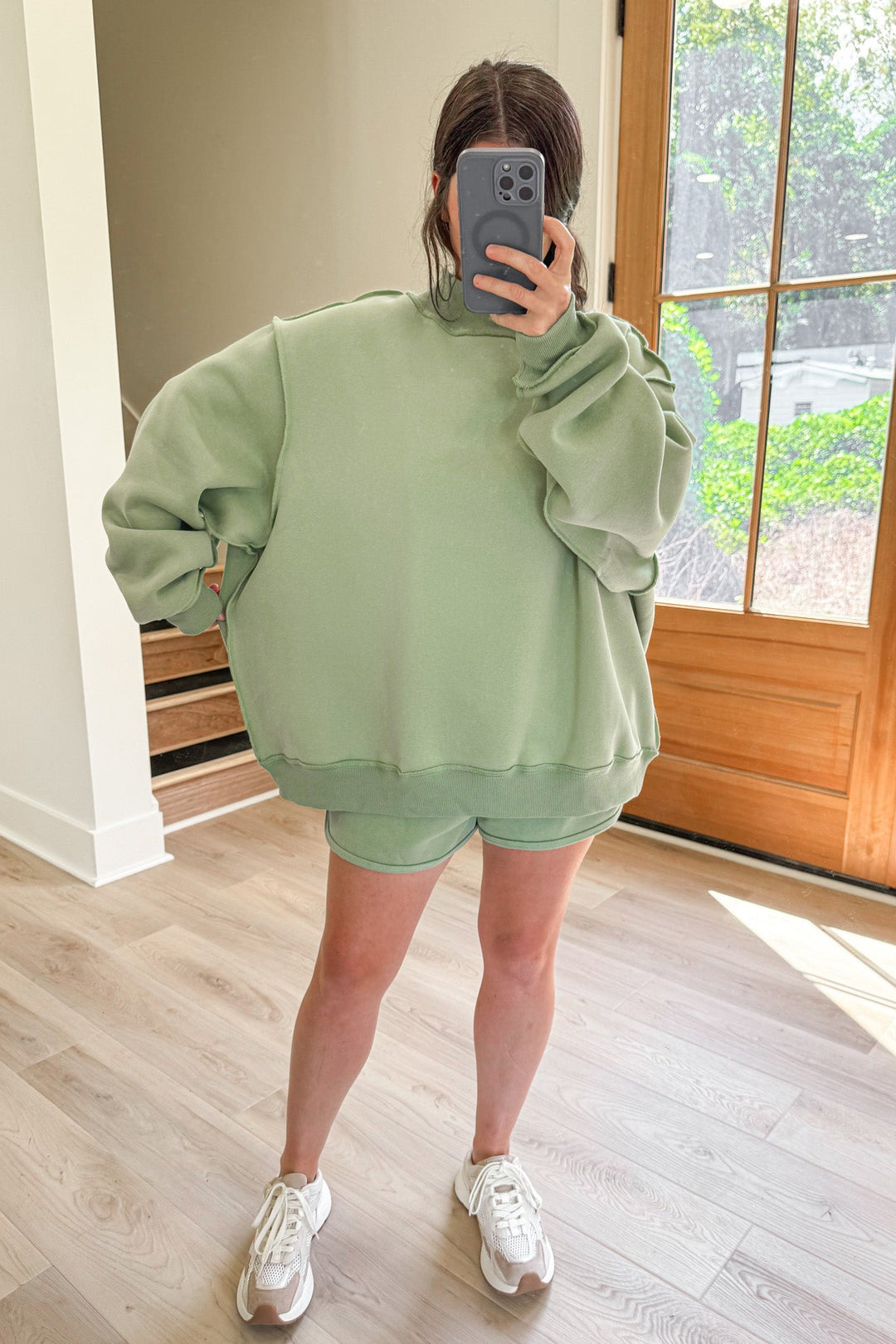 sage green mock neck oversized sweatshirt shorts set