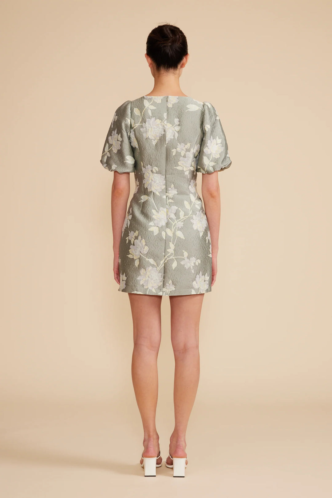Lucy Paris Sage jacquard mini dress with cream and pale lavender floral print