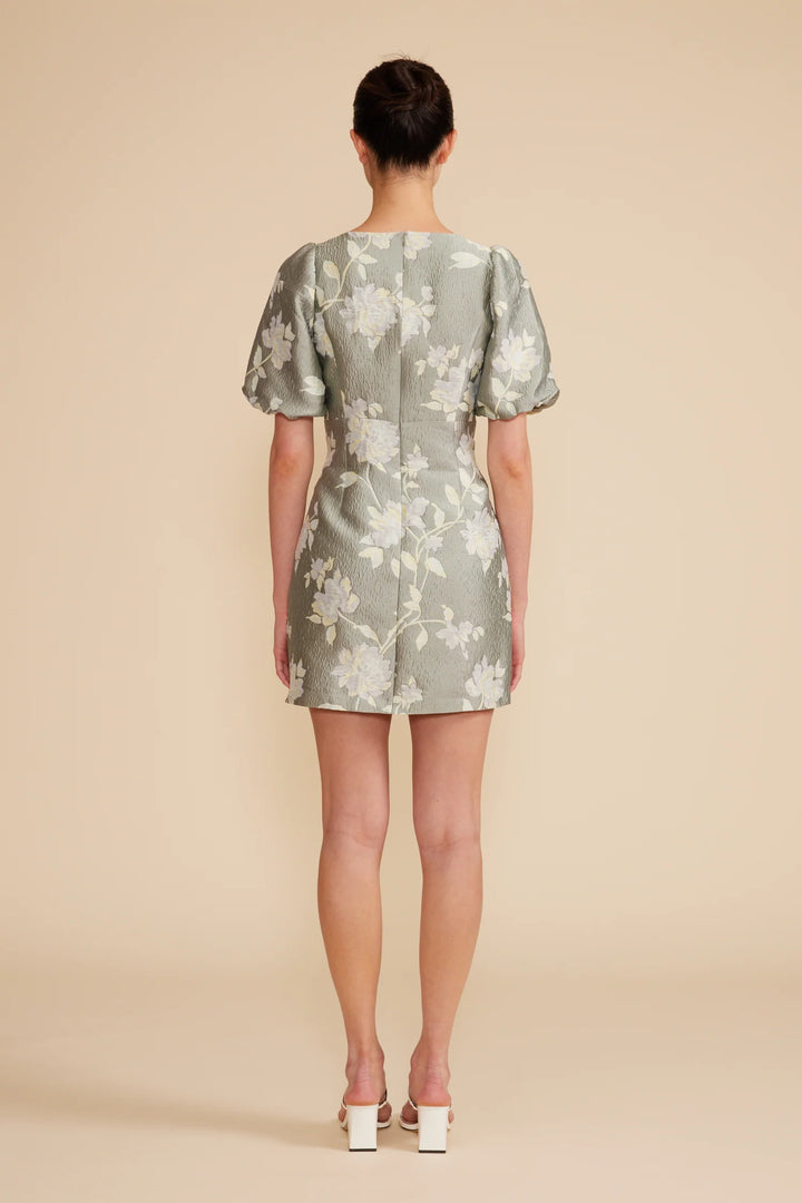 Lucy Paris Sage jacquard mini dress with cream and pale lavender floral print