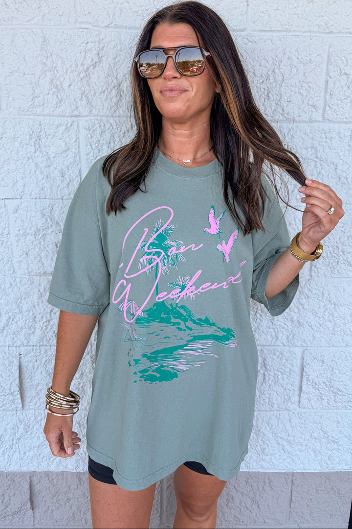 dark sage green with pink bon weekend graphic print crew neckline short sleeve tee shirt