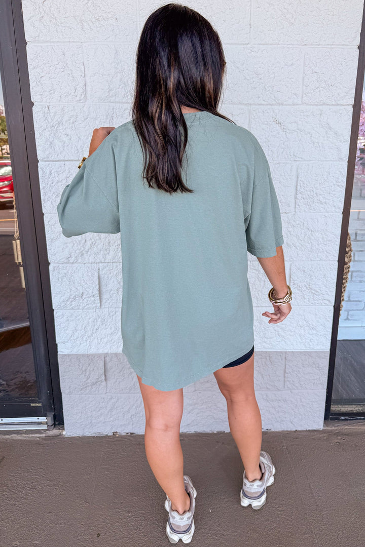 dark sage green with pink bon weekend graphic print short sleeve cotton tee shirt