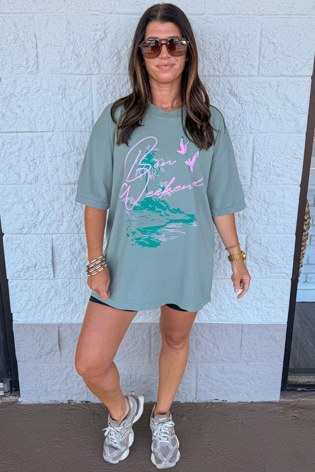 dark sage green with pink bon weekend graphic print short sleeve tee shirt
