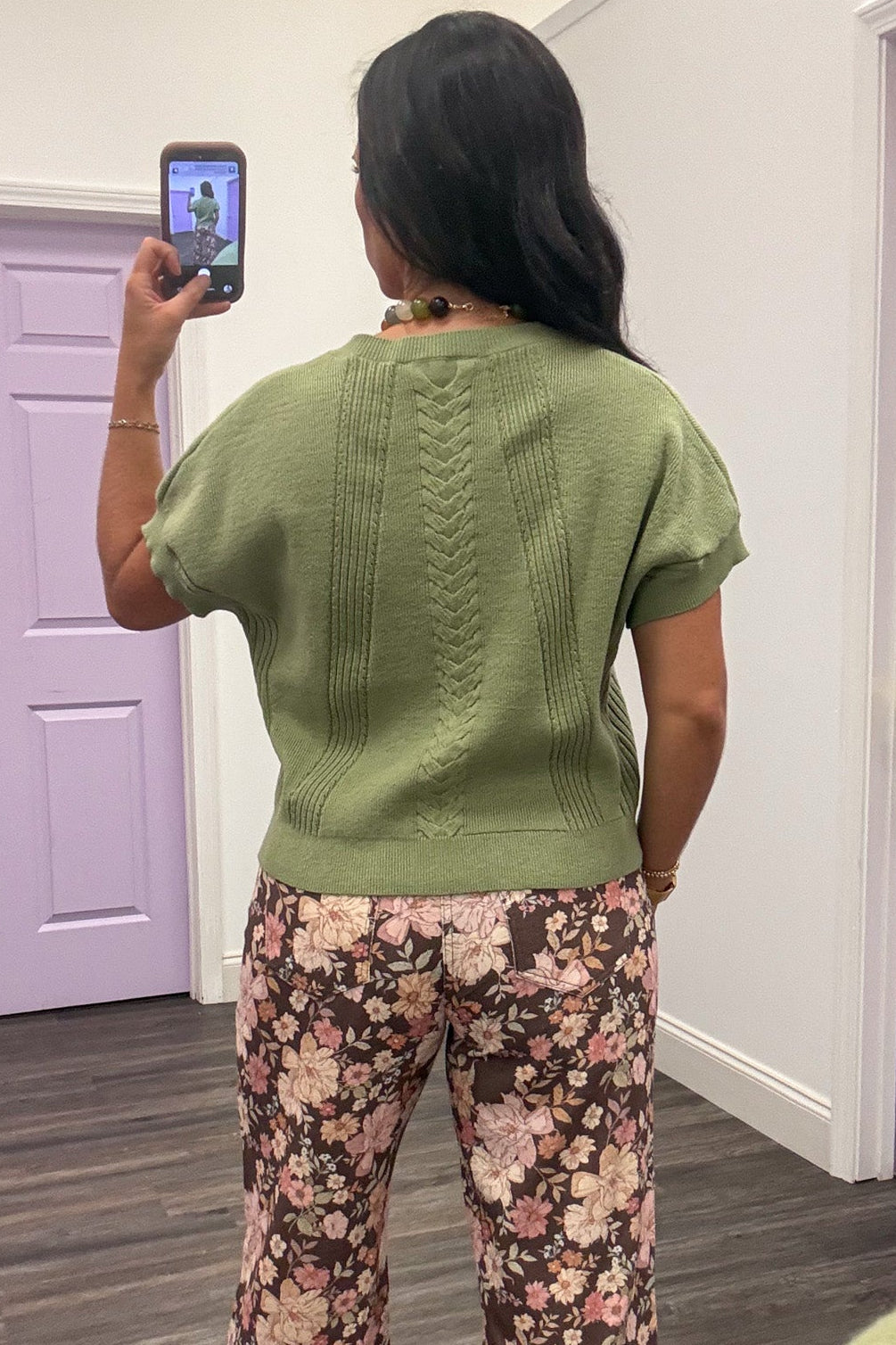 solid sage green crew neckline short sleeve semi-cropped textured stitch details knit top