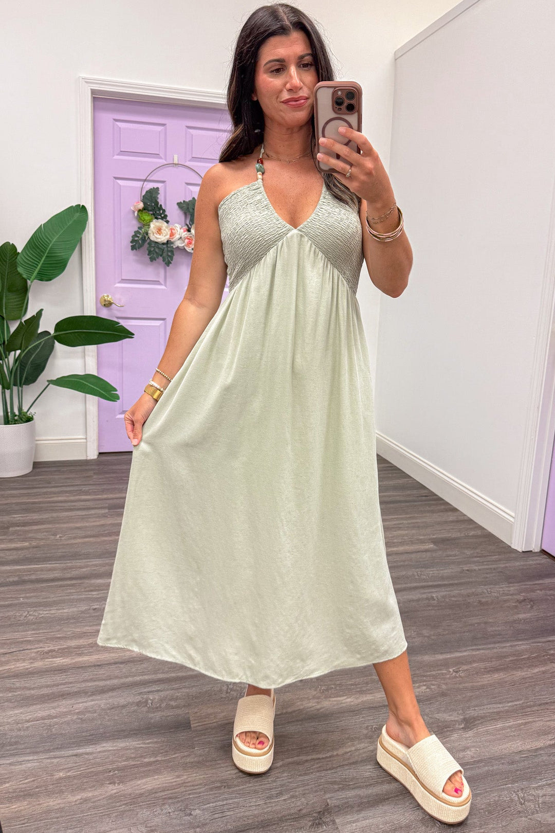 sage green flowy dress Women's sage green Halter Midi Dress