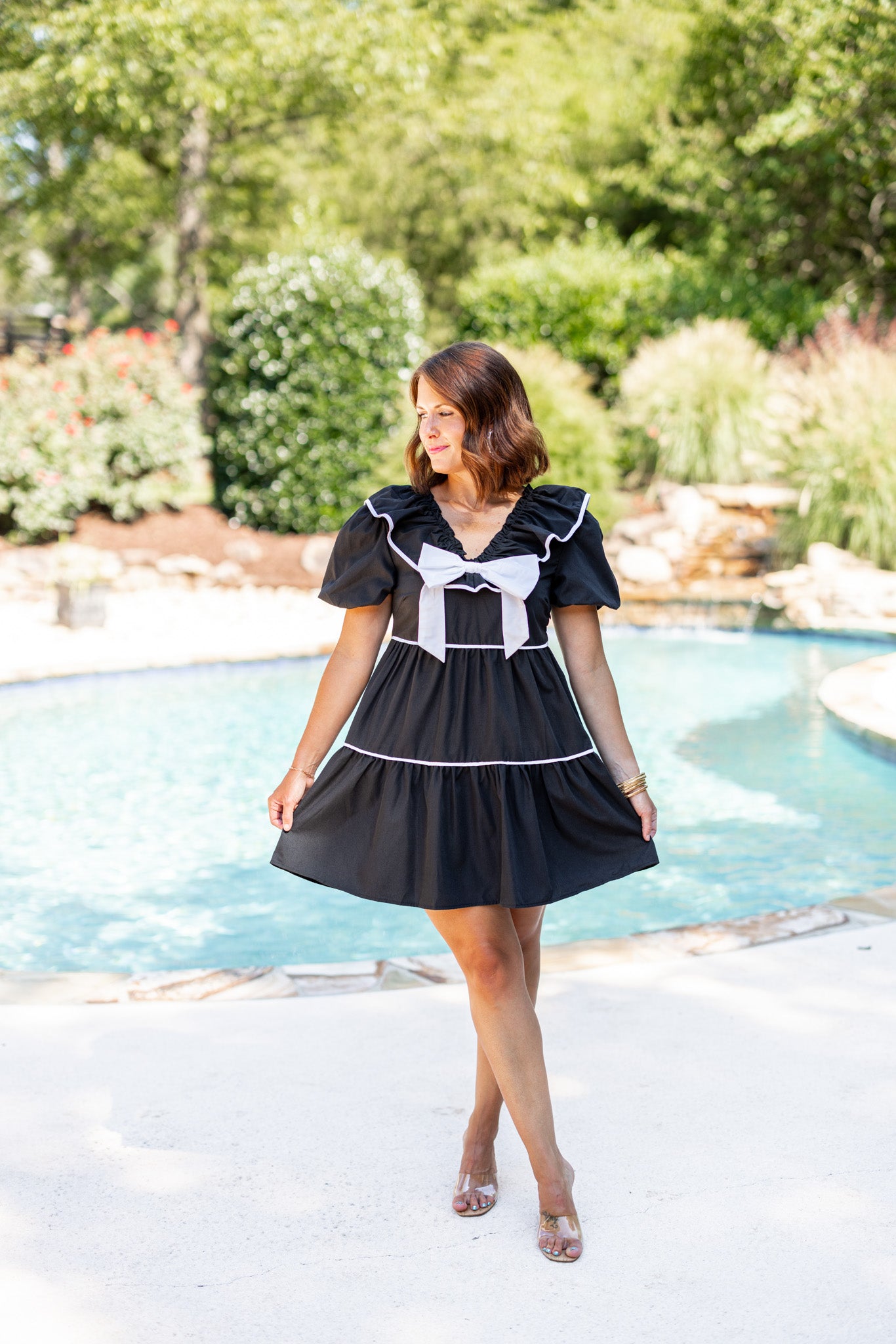 Black White Tiered Bow Tie Babydoll Dress | Purple Door | Commerce