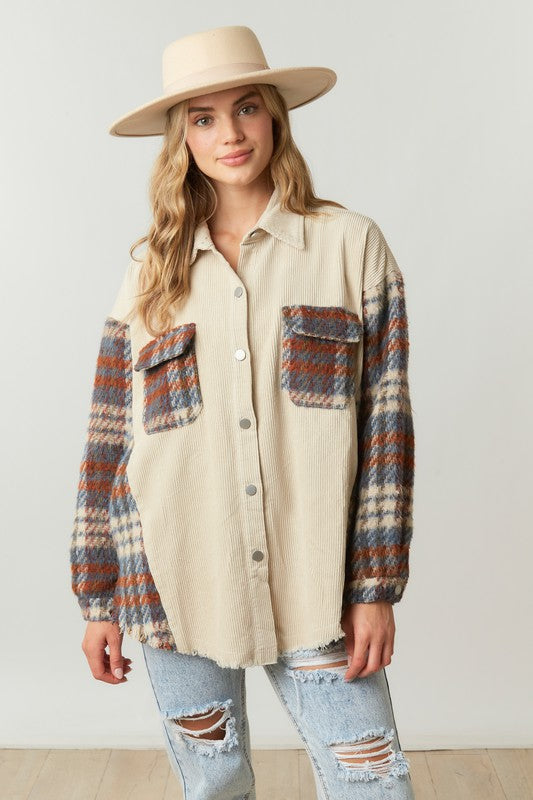 Fantastic Fawn Sand corduroy and flannel plaid colorblock jacket