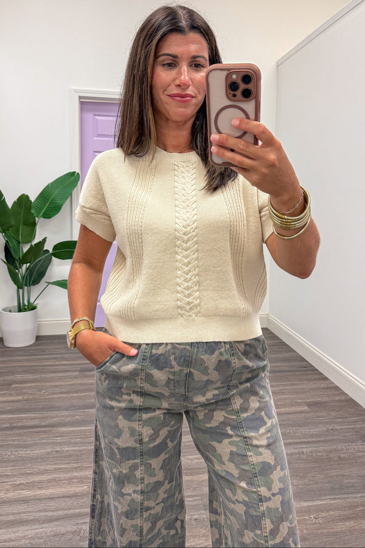 solid sandstone crew neckline short sleeve semi-cropped knit top