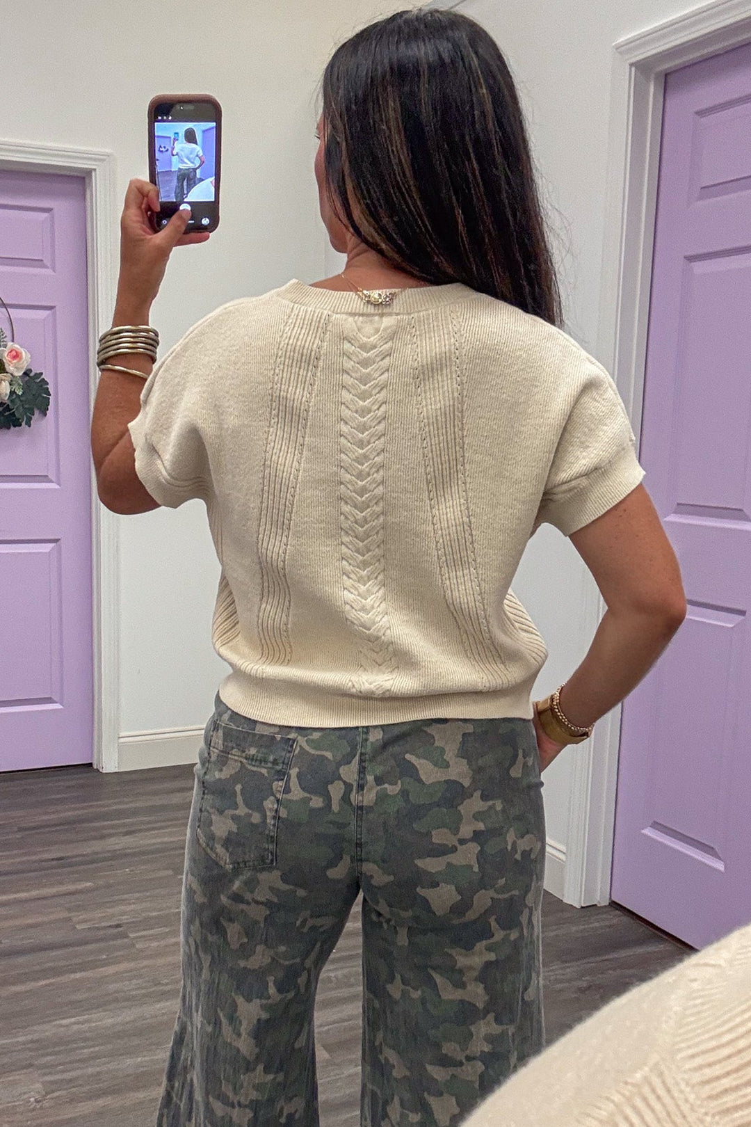 solid sandstone crew neckline short sleeve semi-cropped knit top with ribbed bottom hem