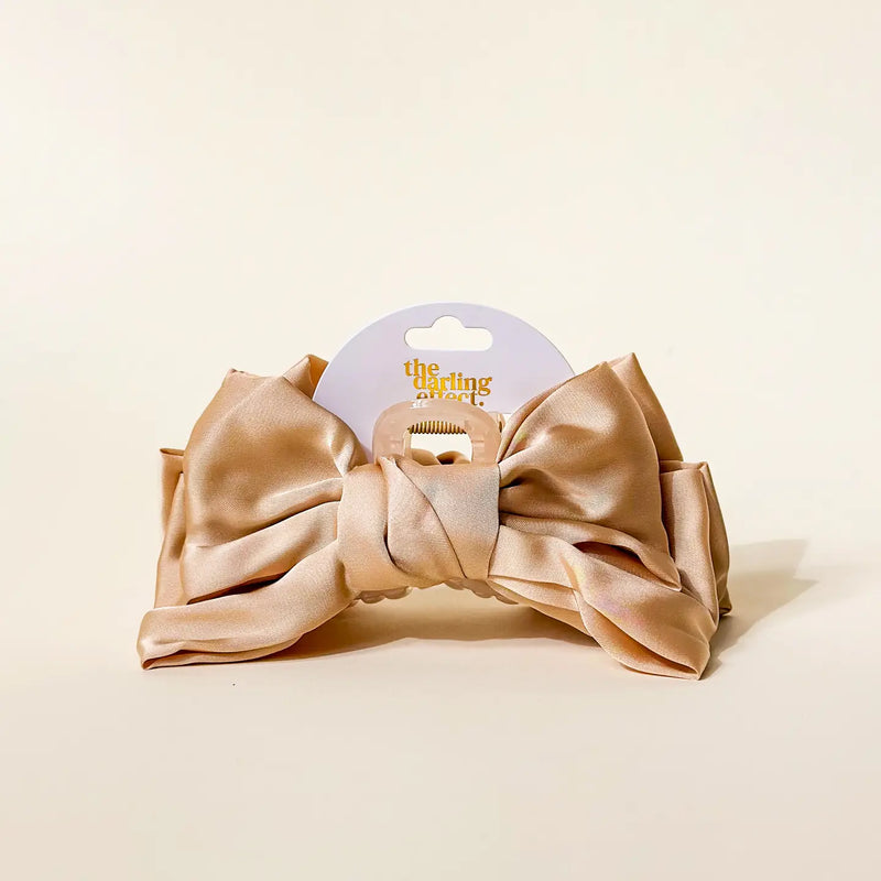 satin bow hair claw clip beige
