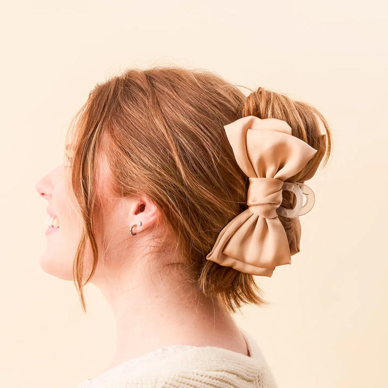 satin bow hair claw clip beige