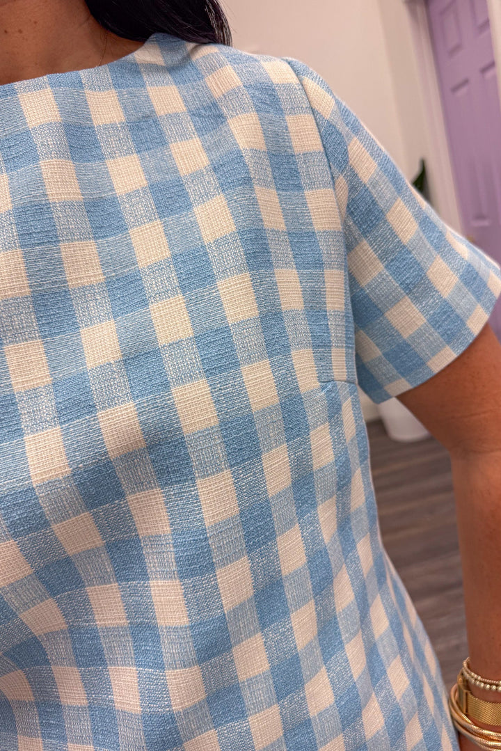 Women's short sleeve blue and cream gingham print dress 