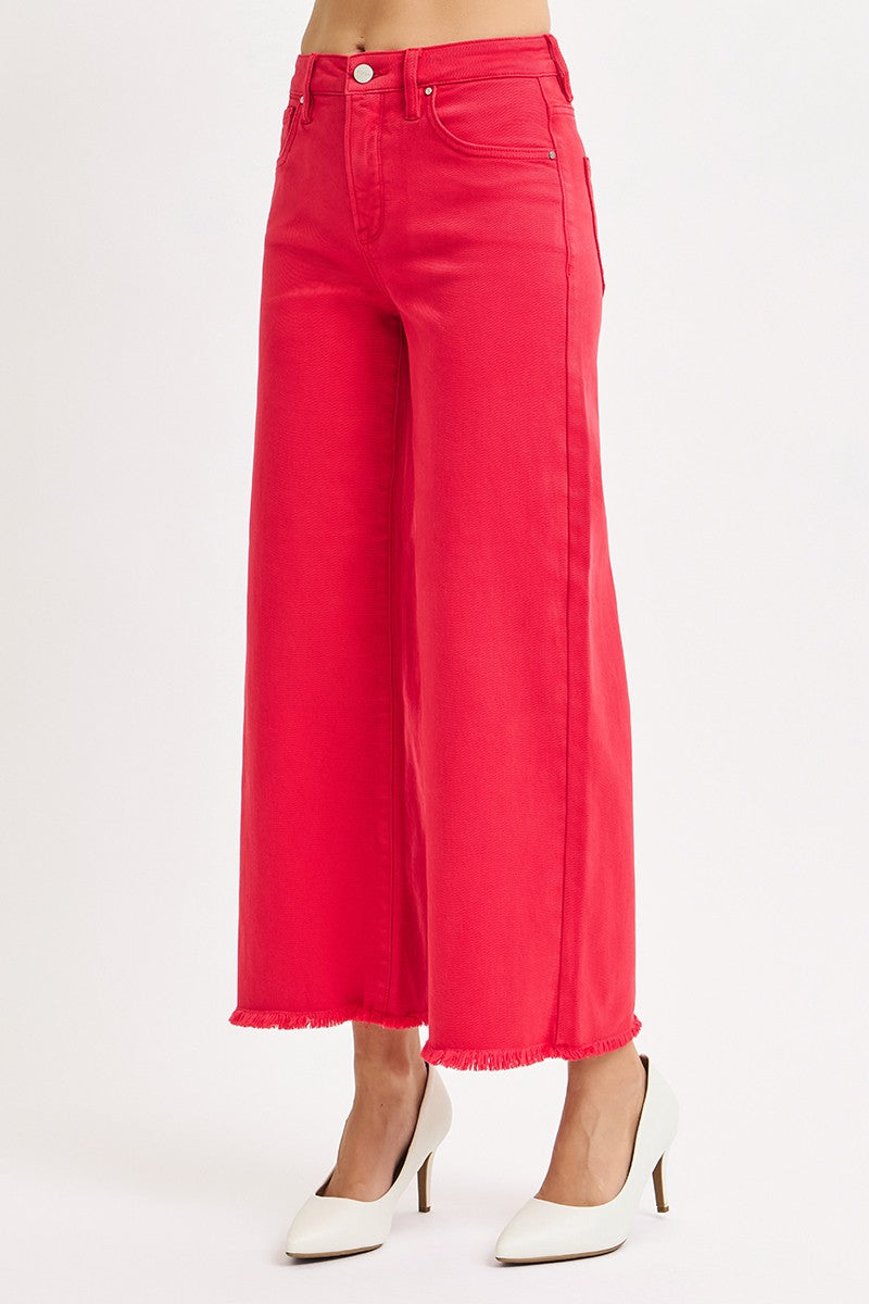 Risen Jeans red denim high rise cropped wide leg jeans with frayed hem