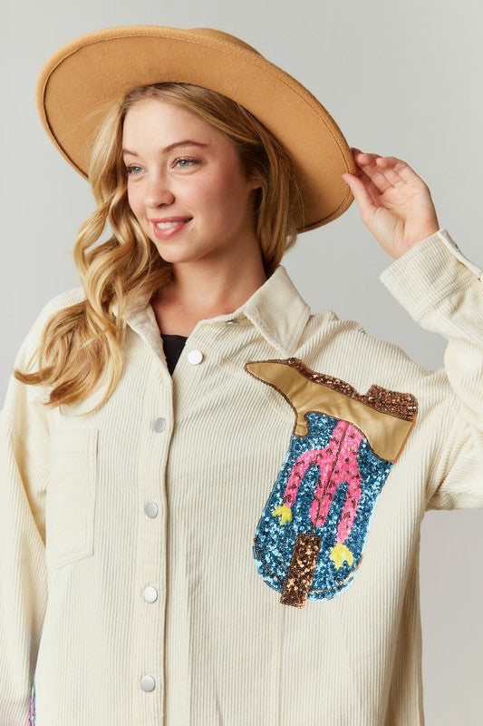 Peach Love California Ivory corduroy shacket embellished with sequin cowgirl boots