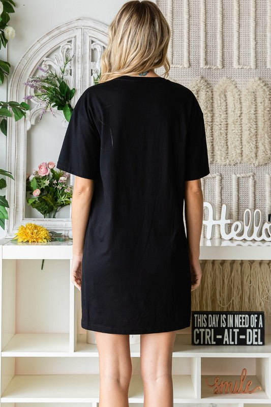 Black cotton t shirt dress with sequined red cowboy boot dress