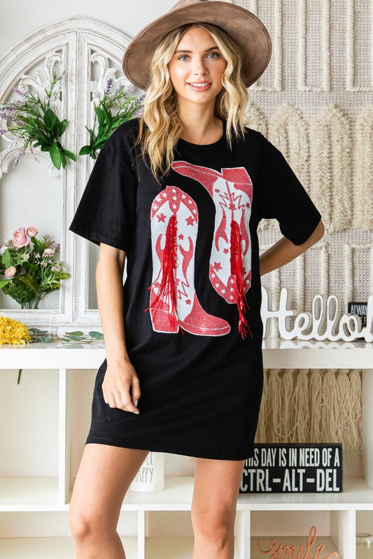 Black cotton t shirt dress with sequined red cowboy boot dress