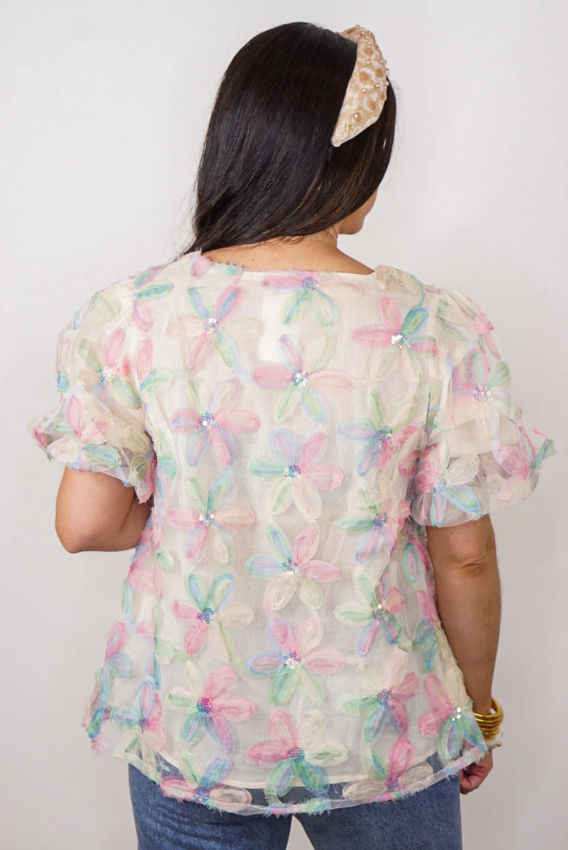 Floral sequined overlay pastel blouse