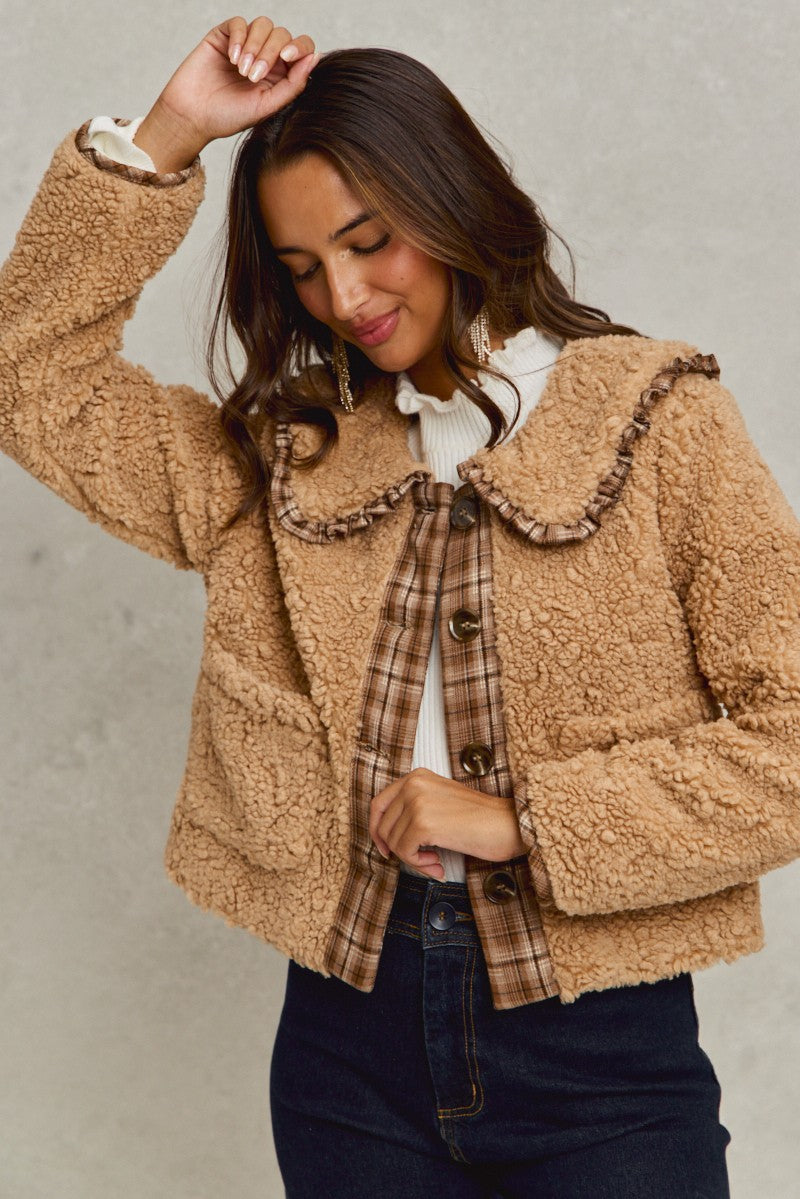 taupe sherpa plaid ruffle collar jacket up