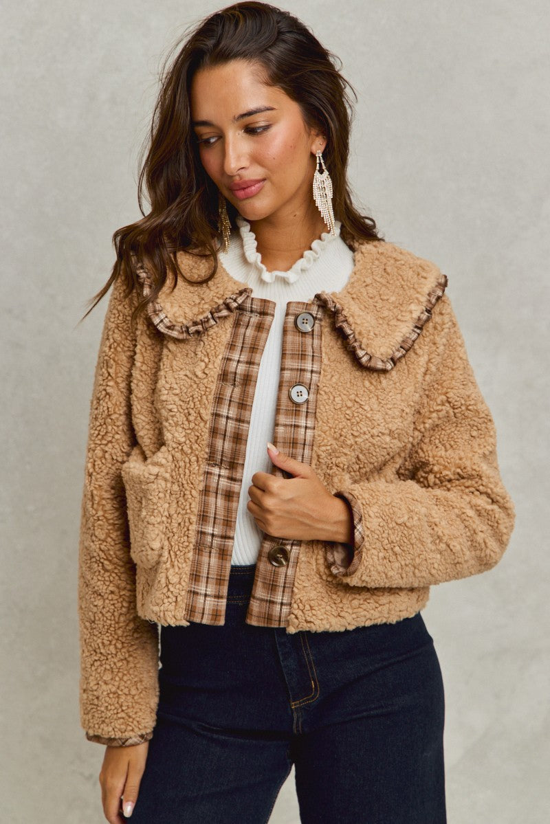 taupe sherpa plaid ruffle collar jacket front