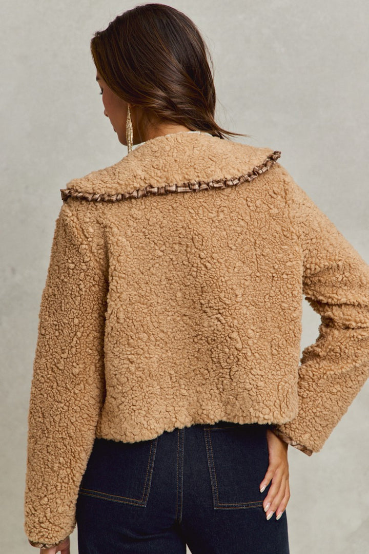 taupe sherpa plaid ruffle collar jacket back